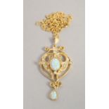 A GOLD ON SILVER CULTURED OPAL SET, PENDANT AND CHAIN.