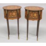 A PAIR OF FRENCH STYLE MARQUERTY DEMI-LUNE THREE DRAWER TABLES. 1ft 4ins wide x 12ins deep x 2ft