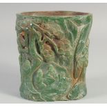 A GOOD CARVED JADE BRUSH POT. 6ins high.