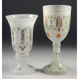TWO BOHEMIAN GLASS GOBLETS painted with flowers. 8ins & 7ins high.