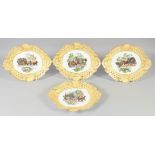 A SET OF FOUR CONTINENTAL YELLOW GROUND OVAL STAGE COACH DISHES. 12ins wide.