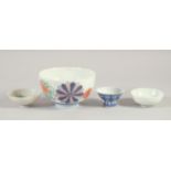 A SMALL JAPANESE KUTANI PORCELAIN BOWL, together with three WWII sake cups - one signed, bowl 11cm