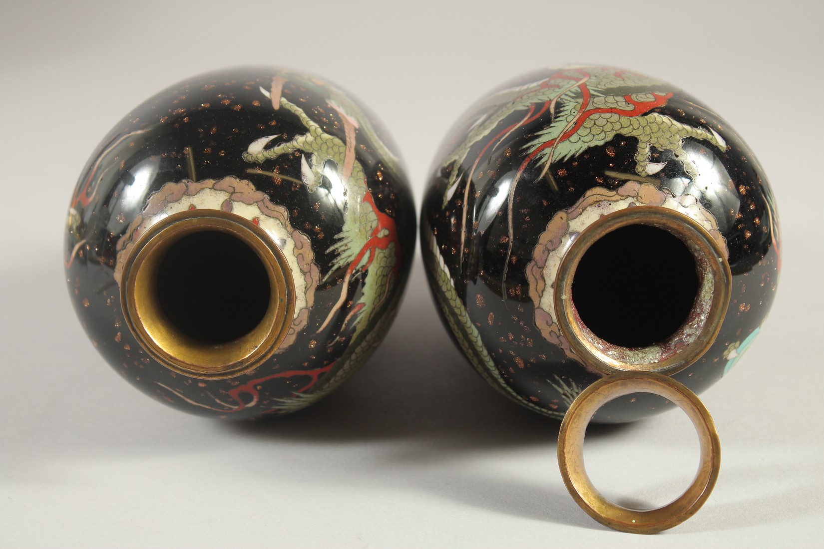 A PAIR OF CHINESE CLOISONNE DRAGON VASES, 18cm high. - Image 4 of 5