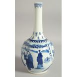 A CHINESE QING DYNASTY BLUE AND WHITE PORCELAIN BOTTLE VASE, decorated with figures in a garden,