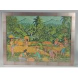 A LARGE FRAMED BALINESE PAINTING ON CANVAS, depicting a scene of village farmers harvesting rice