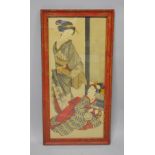 A JAPANESE PAINTING ON SILK OF TWO GEISHA GIRLS - one seated and one stood aside a screen with