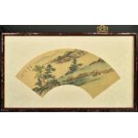 A CHINESE FAN PAINTING OF A LANDSCAPE, framed and glazed, with script and red seal, fan 48cm wide.
