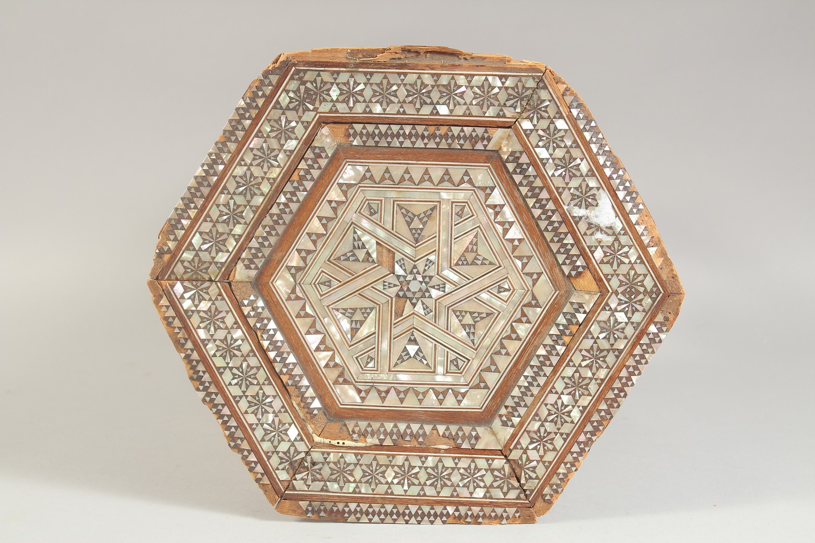 AN OTTOMAN MOTHER OF PEARL INLAID WOODEN STAND, (with faults), 31cm high. - Image 4 of 5