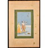 A FINE 19TH CENTURY INDIAN MINIATURE PAINTING OF TWO LADIES ON A TERRACE, unframed, 35cm x 22cm.