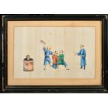 THREE CHINESE PITH PAINTINGS OF FIGURES, each framed and glazed, pair images 20cm x 32cm, and