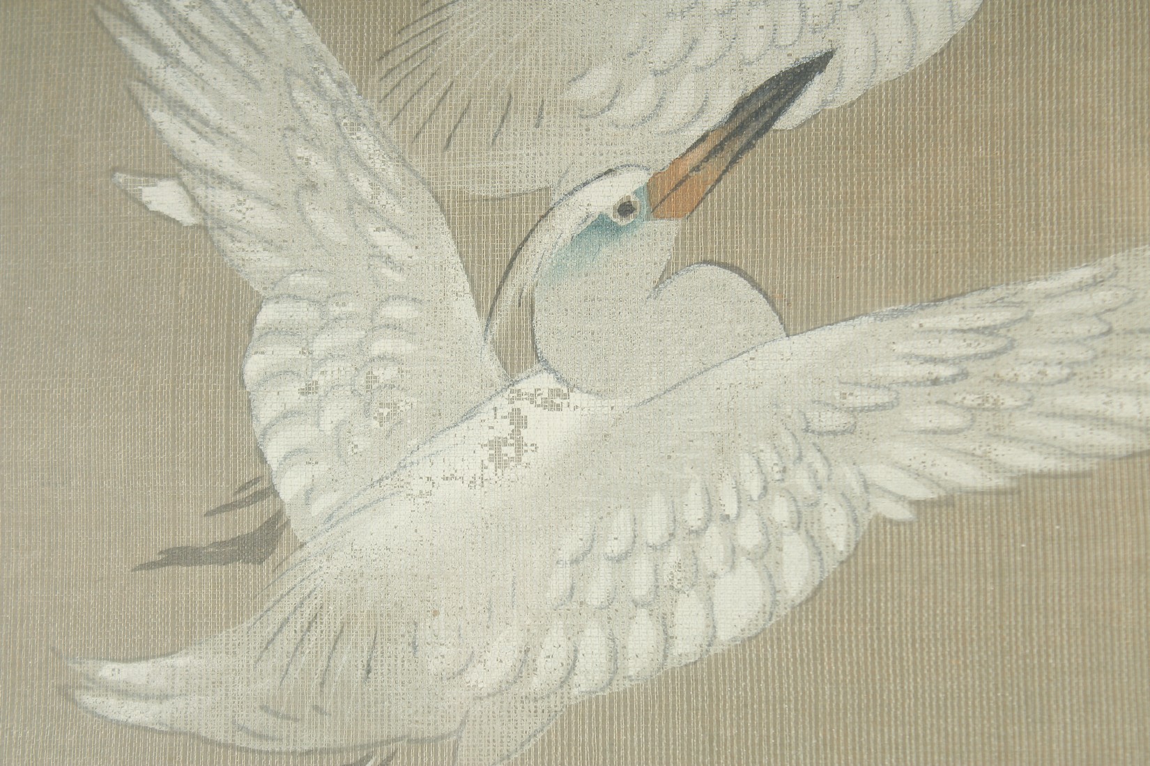 A 19TH CENTURY FRAMED JAPANESE SCROLL PAINTING ON SILK, depicting cranes - with two embroidered - Image 6 of 6