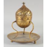 A VERY FINE 18TH-19TH CENTURY OTTOMAN TURKISH GILDED COPPER TOMBAK INCENSE BURNER, with hinged