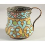 AN ENAMELLED COPPER CUP, 11cm high.