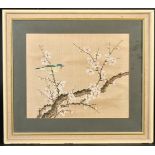A CHINESE PAINTING ON SILK, depicting a bird on a prunus tree, framed and glazed, image 27cm x