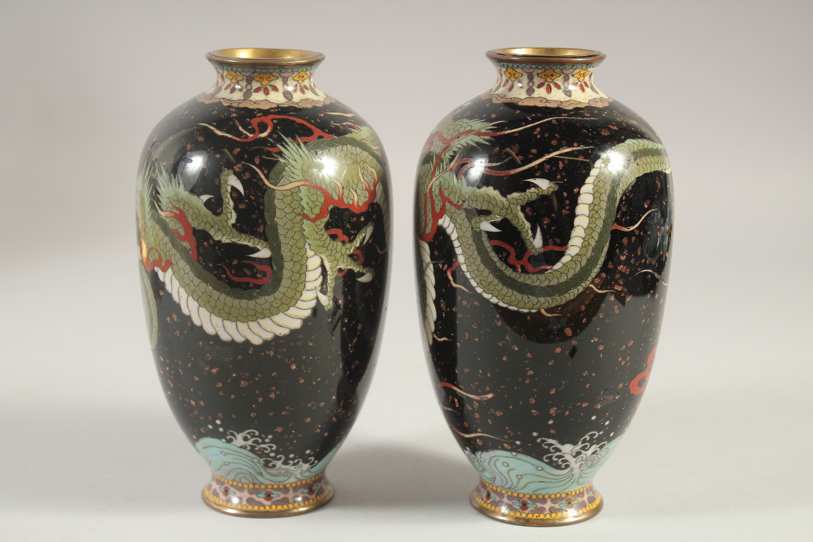A PAIR OF CHINESE CLOISONNE DRAGON VASES, 18cm high. - Image 2 of 5