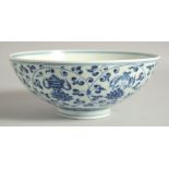 A CHINESE BLUE AND WHITE PORCELAIN BOWL, with lotus and eight treasure pattern to the exterior,