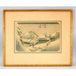 A JAPANESE WOODBLOCK PRINT of a snowy landscape, depicting figures, signed and sealed, 52cm x 42cm.