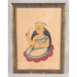 A KALIGHAT SCHOOL, WEST BENGAL, INDIAN PAINTING OF DURGA with a trishul seated on a flower, framed