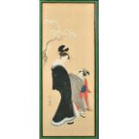 A JAPANESE PAINTING OF TWO FEMALE FIGURES, inscribed and with red seal, framed and glazed, image