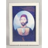 AN OTTOMAN SULTAN PORTRAIT ON GLASS, framed, image 29cm x 19cm.