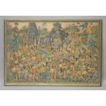 A GOOD BALINESE WATER COLOUR PAINTING ON CANVAS - BALI - MANY FIGURES - the painting depicting