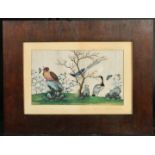 A CHINESE PITH PAINTING OF BIRDS WITH BUTTERFLIES AND FLORA, framed and glazed, image 20cm x 35cm.