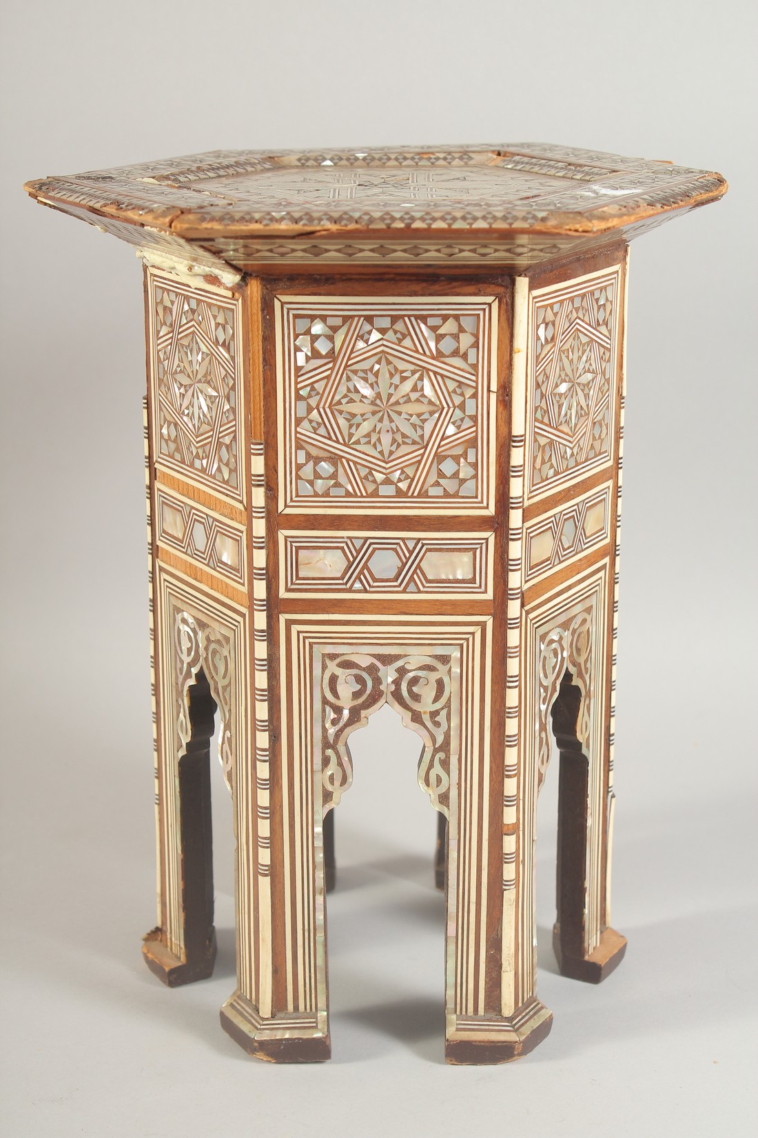 AN OTTOMAN MOTHER OF PEARL INLAID WOODEN STAND, (with faults), 31cm high. - Image 2 of 5