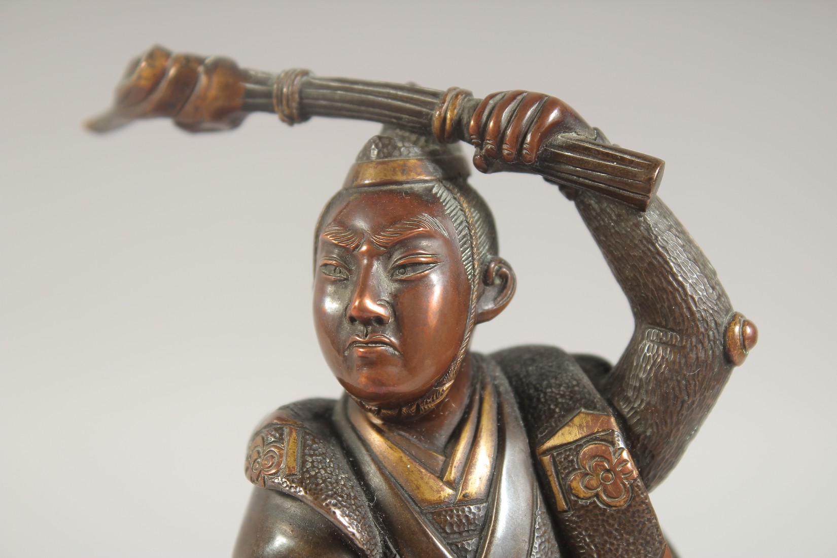 A FINE JAPANESE BRONZE OKIMONO of a warrior, signed Miyao Zo, mounted to a wooden base, 19.5cm - Image 6 of 6