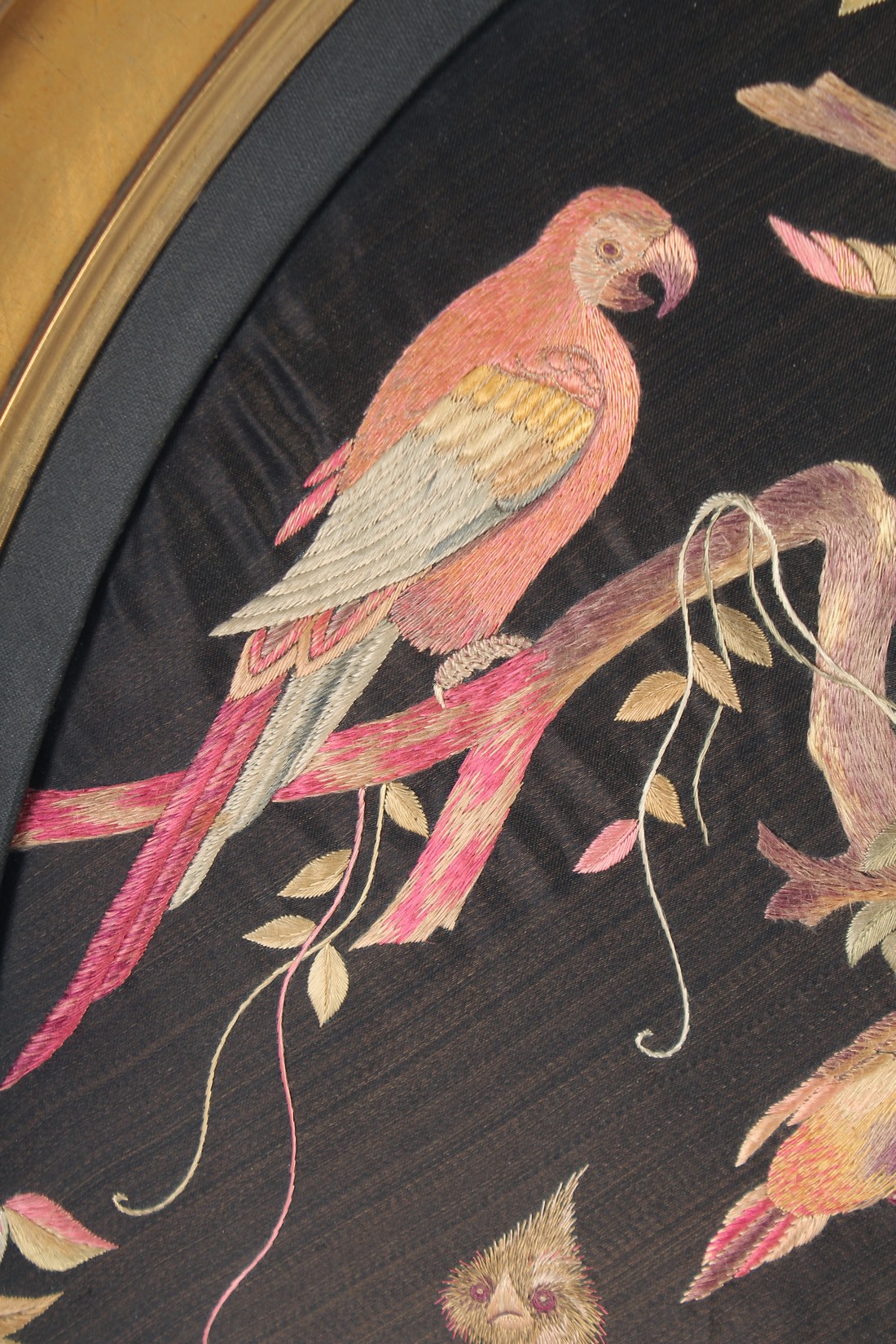 A 19TH CENTURY EUROPEAN SILK OVAL PANEL, with exotic birds on branches, encased within gilt frame, - Image 3 of 7