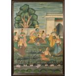 A LARGE INDIAN FRAMED PAINTING, depicting a courtyard scene with a blue skin figure and female