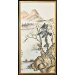 A CHINESE PAINTING OF A LANDSCAPE WITH MOUNTAINS, with calligraphy and red seal, framed and