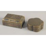 A KASHMIRI LIDDED BRASS BOX, together with an Egyptian box with hinged lid, (2).