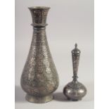 AN INDIAN BIDRI SILVER INLAID VASE, together with a small lidded bottle, (2).