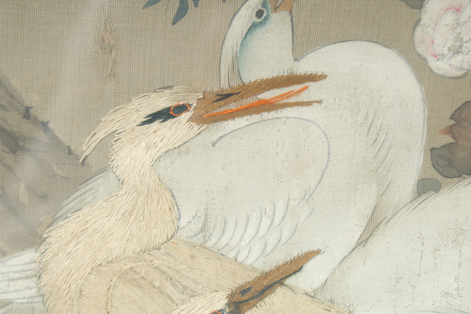 A 19TH CENTURY FRAMED JAPANESE SCROLL PAINTING ON SILK, depicting cranes - with two embroidered - Image 2 of 6