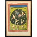 A FINE 19TH CENTURY INDIAN MINIATURE PAINTING OF KRISHNA CLIMBING A TREE, framed and glazed, image