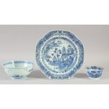 A CHINESE KANGXI BLUE AND WHITE BOWL, together with a blue and white plate and cup (cup repaired),