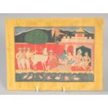 A FINE SOUTH INDIAN MINIATURE PAINTING, depicting a blue skin god and attendants, 20.5cm x 28cm.