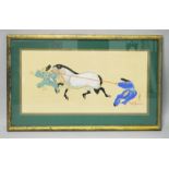 A CHINESE 20TH CENTURY WATERCOLOUR ON PAPER OF FIGURES AND HORSES - signed lower right, famed