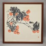 A 20TH CENTURY CHINESE INKWORK PICTURE OF BIRDS AND PEACH TREES - signed and sealed, framed