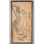 A 19TH CENTURY CHINESE SCHOOL WATERCOLOUR PAINTING of Shou Lao with deer, inscribed and with red