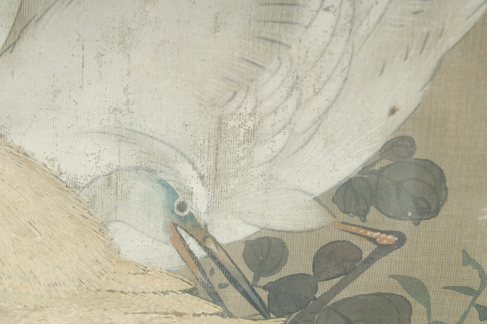 A 19TH CENTURY FRAMED JAPANESE SCROLL PAINTING ON SILK, depicting cranes - with two embroidered - Image 4 of 6