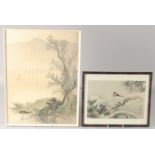 TWO JAPANESE PAINTINGS ON SILK, one depicting a bird on a branch, the other of a landscape scene,