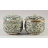 A MATCHED PAIR OF ASIAN BLUE AND WHITE PORCELAIN JARS AND COVERS, painted with fish and flora, 19.