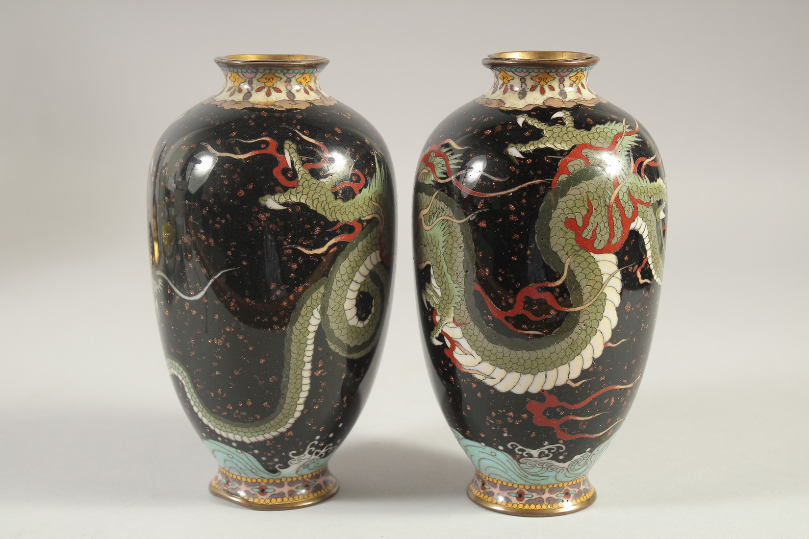 A PAIR OF CHINESE CLOISONNE DRAGON VASES, 18cm high. - Image 3 of 5
