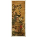 A GOOD CHINESE HANGING SCROLL PAINTING ON SILK OF A PEACOCK AFTER SHEN QUAN, the scroll bearing a