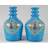 A SUPERB PAIR OF BOHEMIAN GLASS ENAMELLED BOTTLES, with portrait of Muzaffar Aldin Shah, 26cm high.