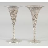 TWO 19TH CENTURY CHINESE EXPORT SILVER FLUTED OPENWORKED VASES, with bamboo design, signed by Wang