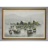 A LARGE CHINESE OIL ON CANVAS PAINTING BY F.C CHEUNG - A Water side nautical theme of Asia, signed