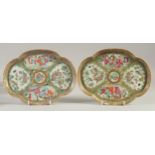 A PAIR OF CHINESE CANTON PORCELAIN QUATREFOIL SHAPE DISHES, each 26cm x 20cm diameter.