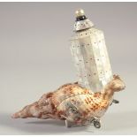 AN INDIAN GOA MOTHER OF PEARL AND CONCH SHELL POWDER FLASK.